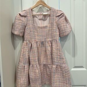Tuckernuck Pink and Tan Tiered Puff Sleeve Sundress